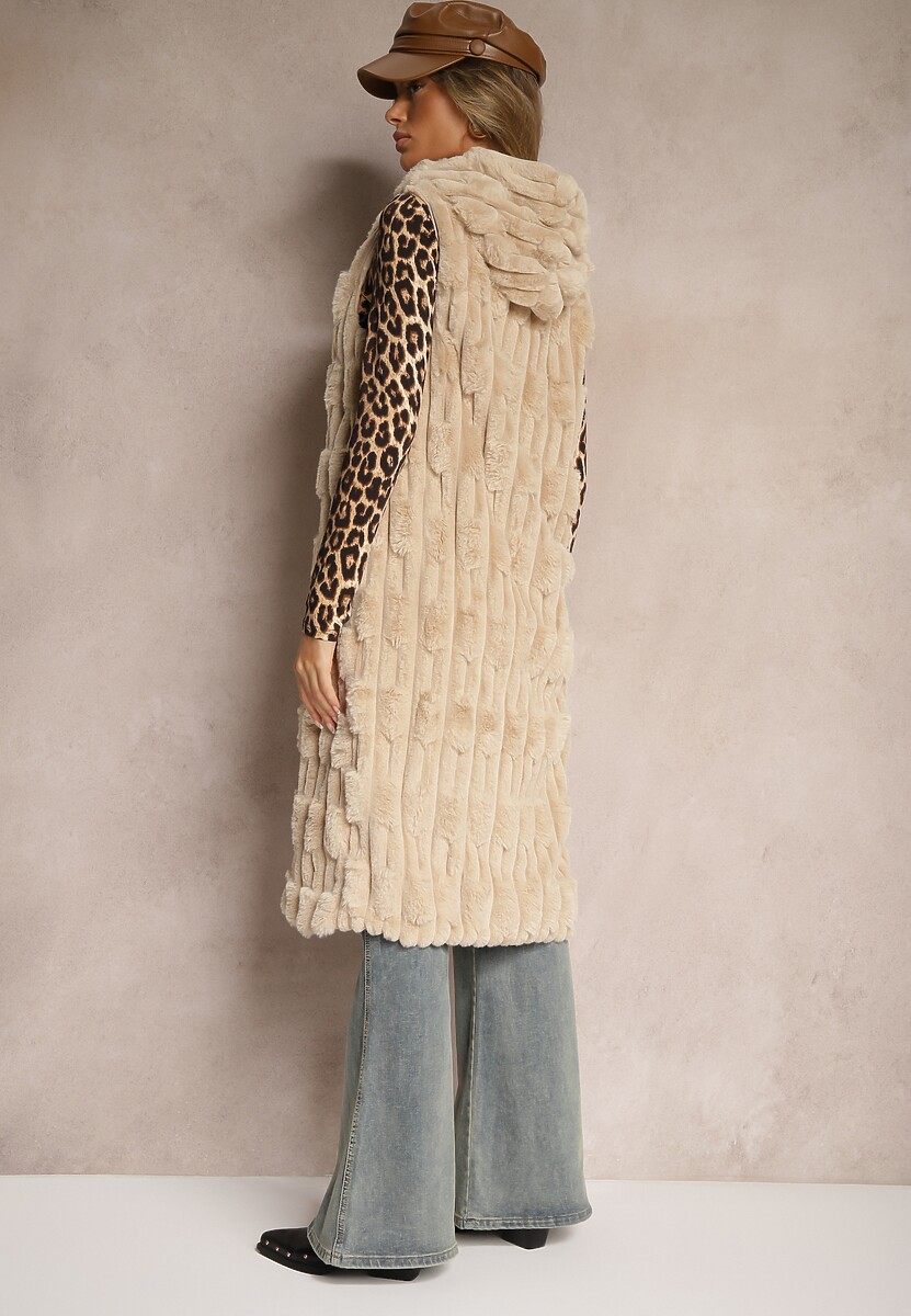 Beżowa Długa Kamizelka z Futerka Zapinana na Suwak z Kapturem Vioresa