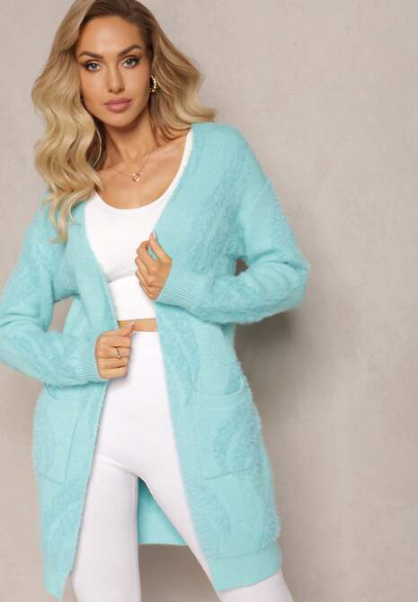 Miętowy Luźny Kardigan Niezapinany z Dłuższym Włosiem Karsta