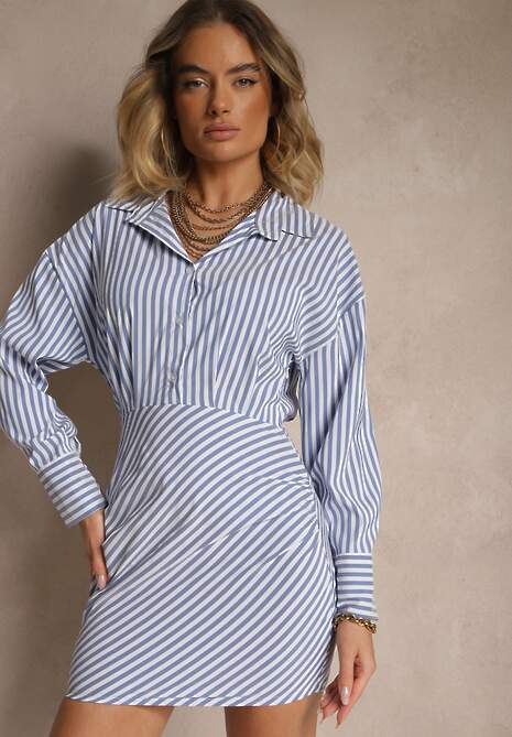 Niebieska Dopasowana Sukienka o Koszulowym Kroju w Prążki Mevistra