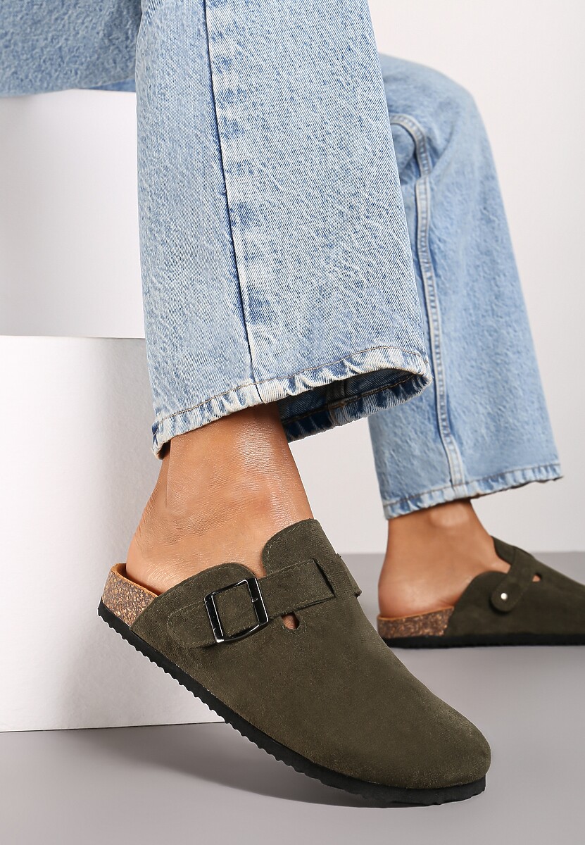 Beżowe Klapki na Płaskiej Podeszwie z Korka z Klamerką i Okrągłym Noskiem Shamsa