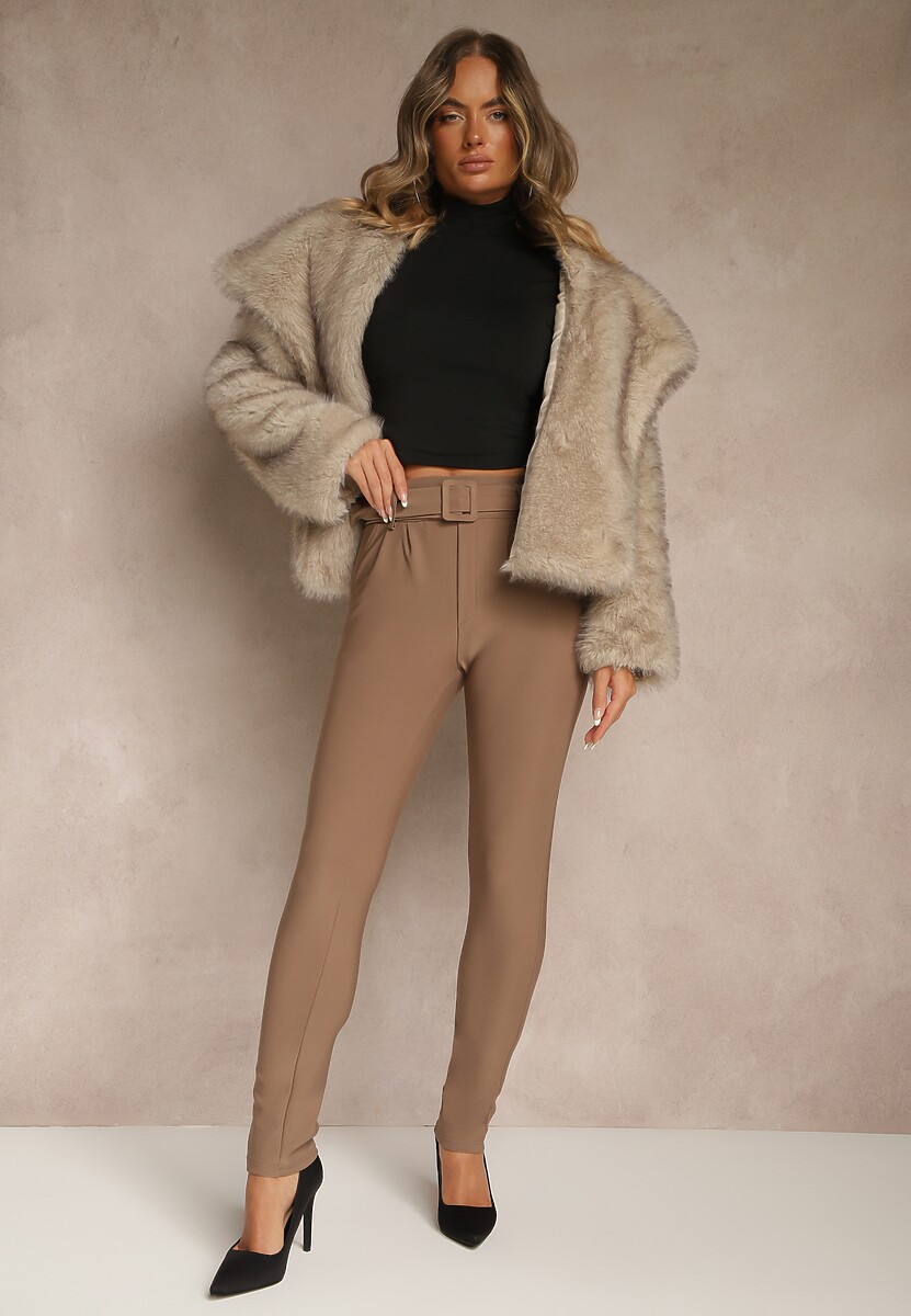 Ciemnobeżowe Spodnie Ozdobione Paskiem z Klamrą Falarise