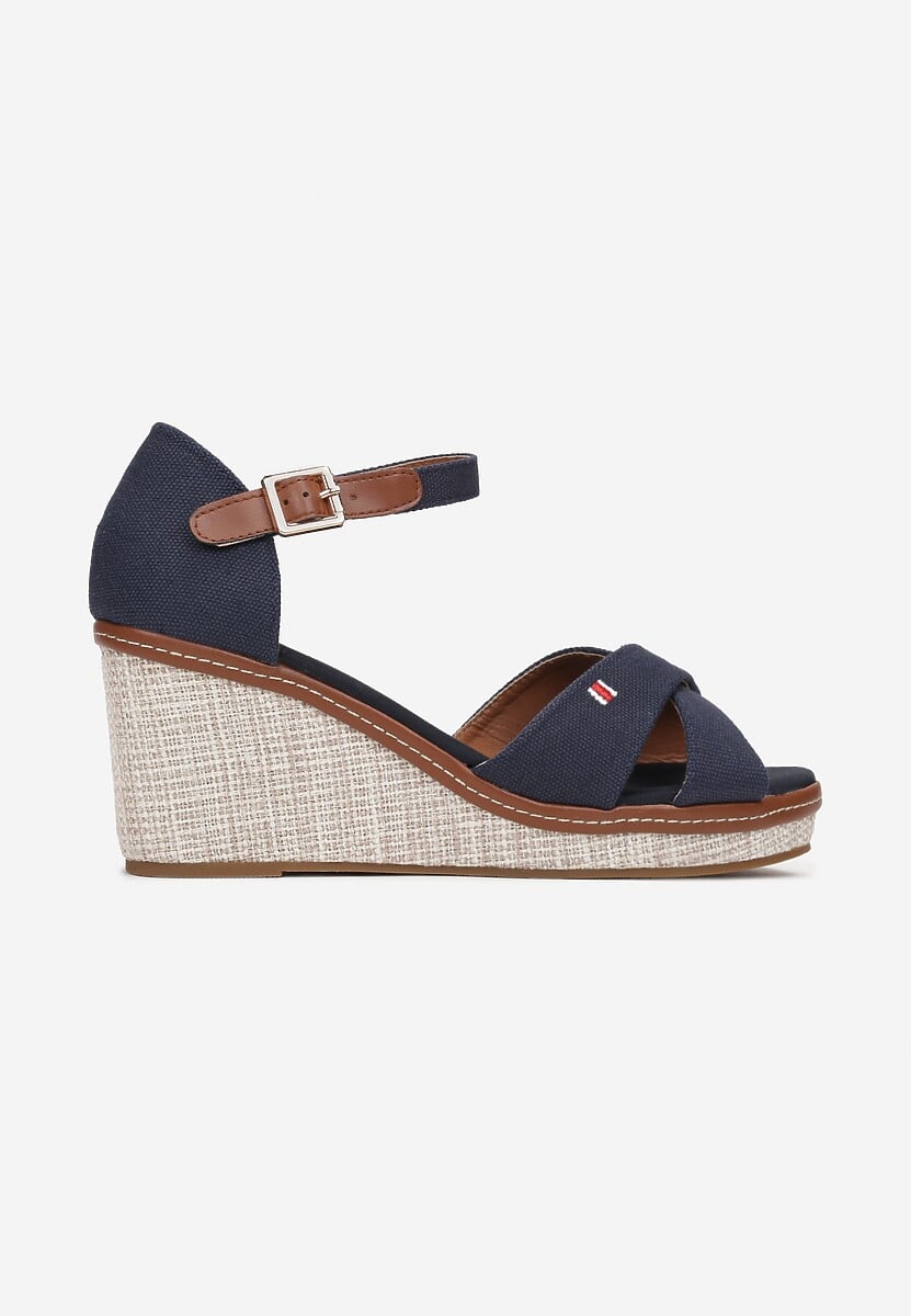 Granatowe Sandały na Plecionej Koturnie Lomatre