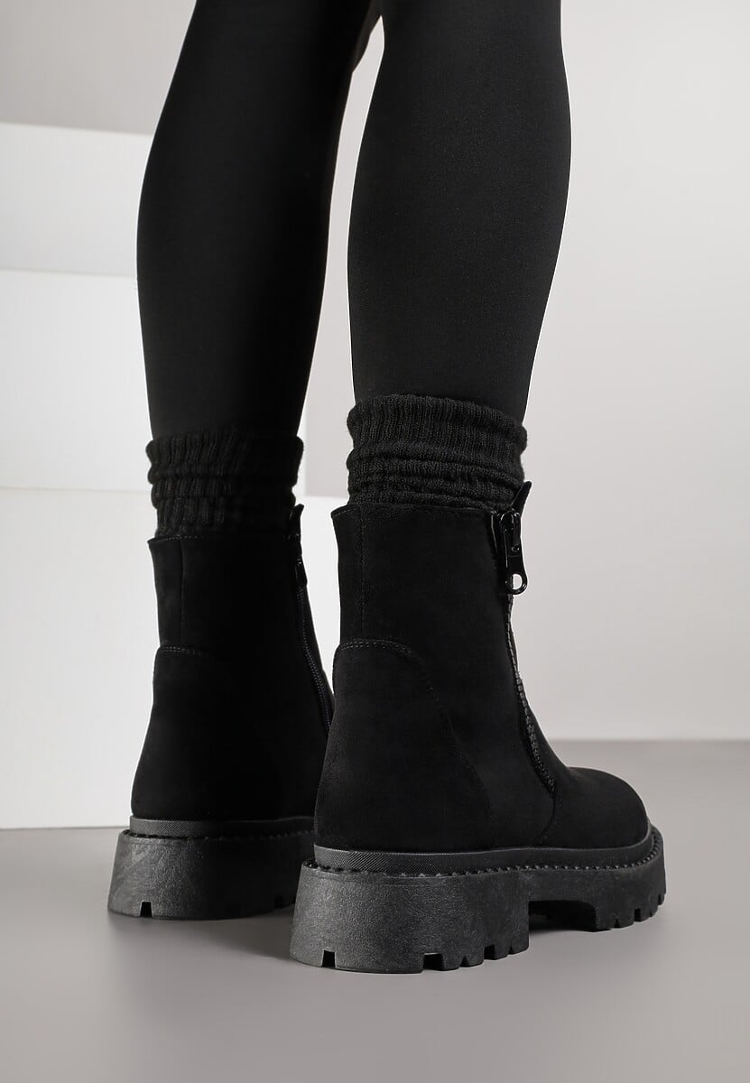 Czarne Botki z Ekozamszu na Platformie z Ozdobnym Suwakiem z Boku Tarienne
