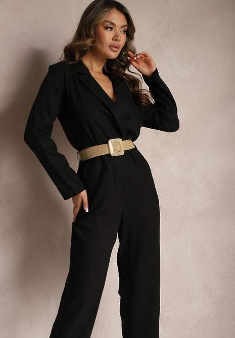 Czarny Kombinezon z Paskiem z Plecionki Kopertową Górą i Zwężającymi się Nogawkami Avnja
