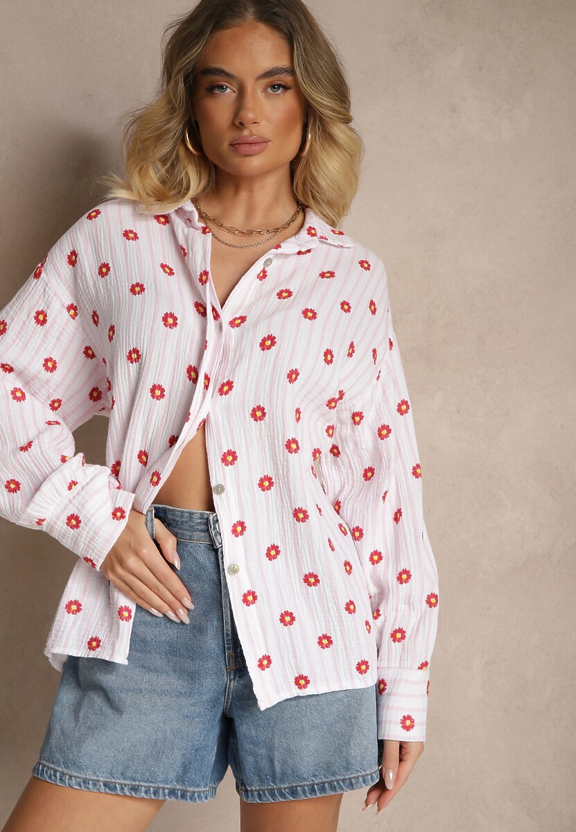 Różowo-Czerwona Koszula z Bawełny w Prążki Zdobiona Kwiatowym Wzorem Apiola