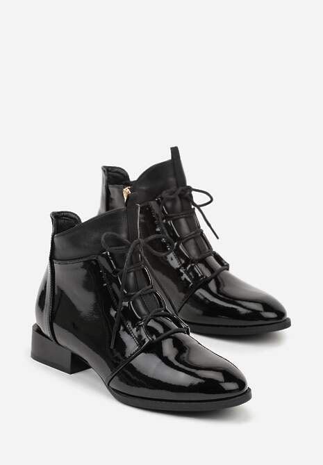 Czarne Botki Lakierowane na Płaskiej Podeszwie ze Sznurowaniem Mivalia