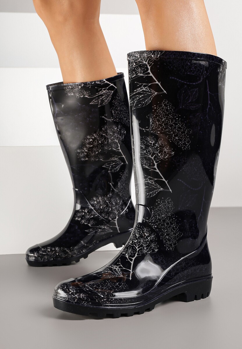 Czarne Kalosze o Klasycznym Fasonie z Motywem Roślinnym Talvanne