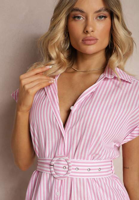 Różowa Koszulowa Sukienka z Bawełny z Paskiem w Talii Nelassia