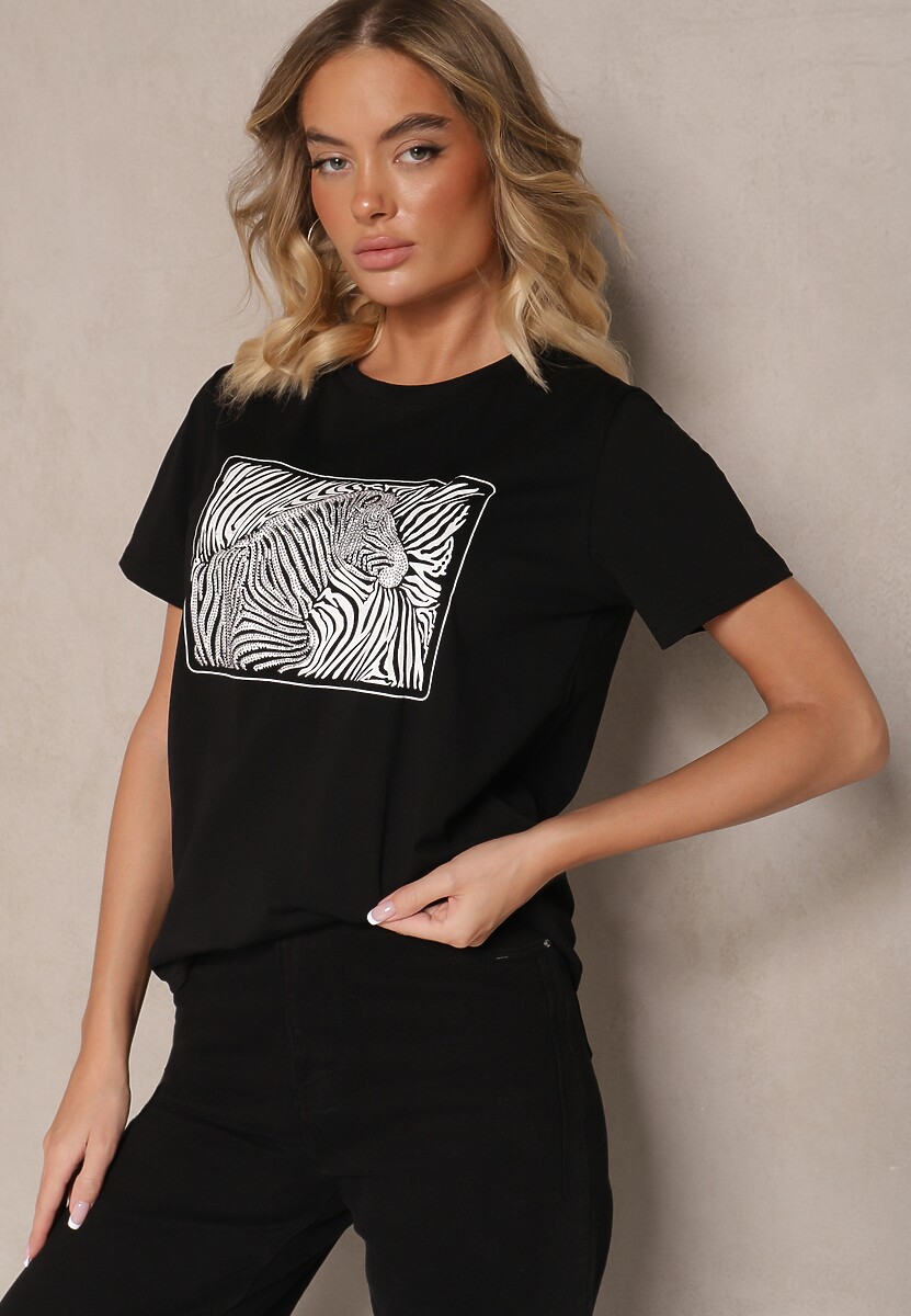 Czarny Bawełniany T-shirt Oversize z Nadrukiem Imitującym Zebrę Nalornis