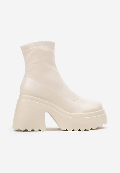 Beżowe Botki na Platformie i Słupku Wykończone Suwakiem i Dopasowaną Cholewką Saliefra