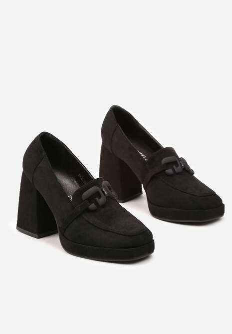 Czarne Czółenka na Wysokim Słupku z Wkładką z Naturalnej Skóry Ozdobione Metaliczną Aplikacją Nobela