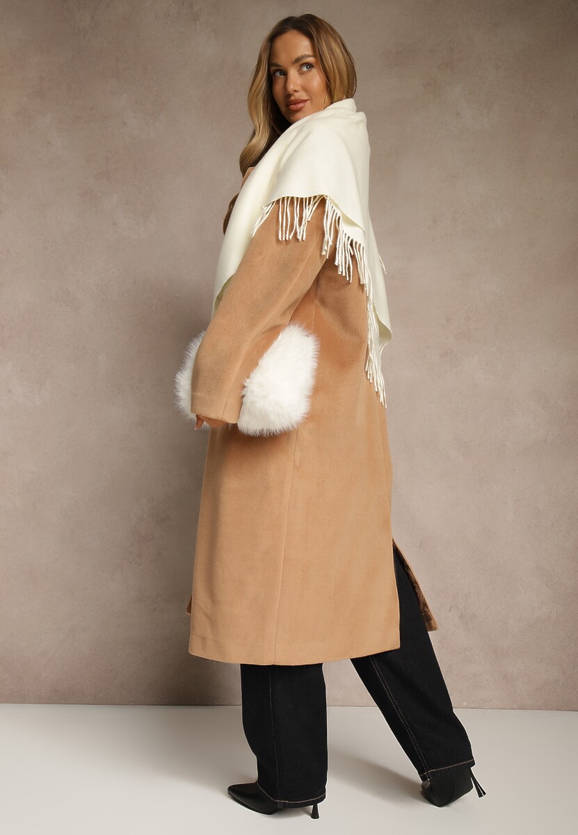 Jasnobeżowy Bawełniano-Wiskozowy Szalik w Kształcie Trójkąta z Frędzlami Vetisara