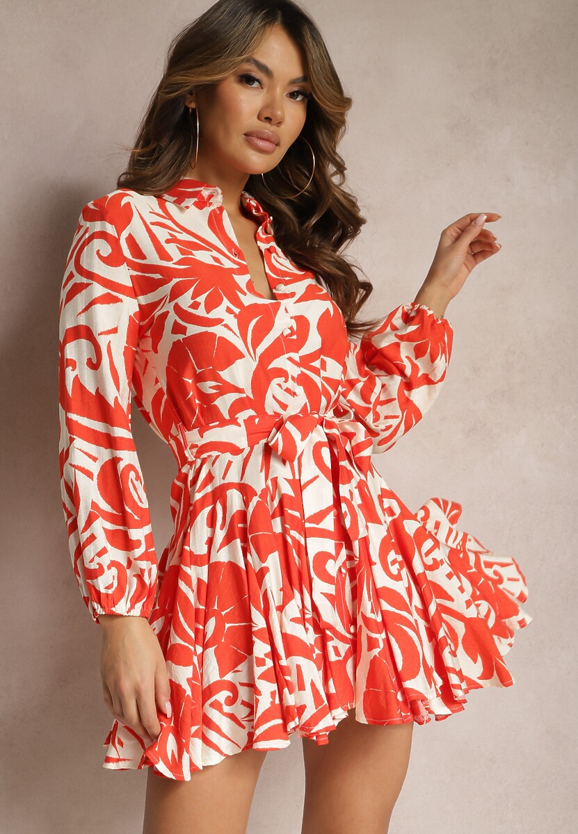 Pomarańczowa Sukienka Mini o Rozkloszowanym Fasonie z Paskiem i Oryginalnym Wzorem Grinia