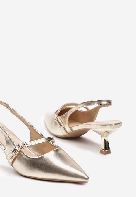 Złote Sandały z Odkrytą Piętą na Obcasie Kaczuszka Zapinane na Sprzączkę Alluana