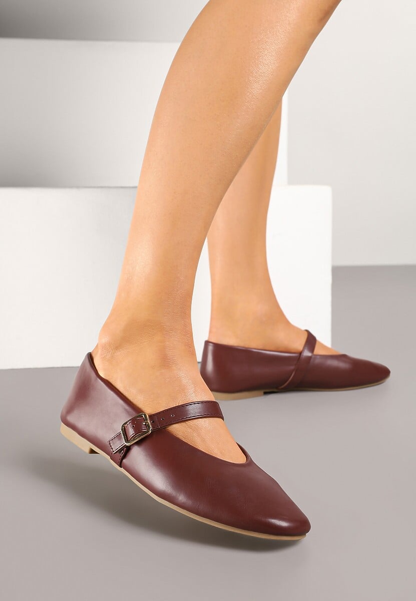 Ciemnobrązowe Balerinki w Stylu Mary Jane z Klamerką Leniffia