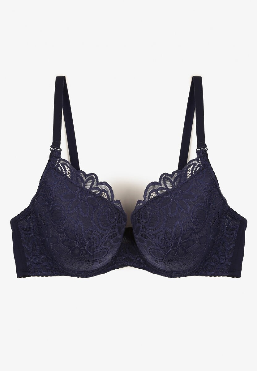 Granatowy Koronkowy Biustonosz Push Up Nelior