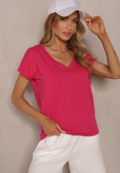 Fuksjowy T-shirt z Bawełny z Dekoltem w Serek Linithiela