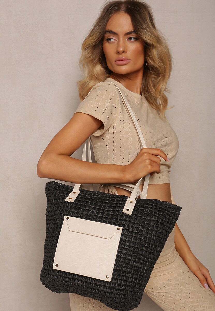 Beżowo-Czarna Torebka z Plecionki z Dodatkową Kieszonką z Ekoskóry Cosina
