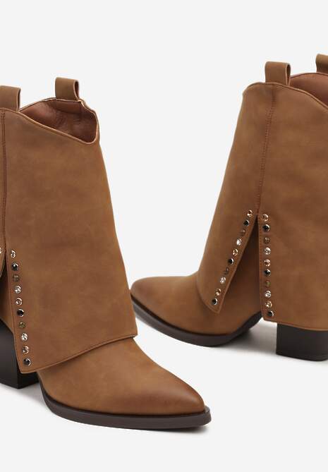 Brązowe Botki na Stożkowym Słupku Kowbojki z Wywiniętą Cholewką Mavora