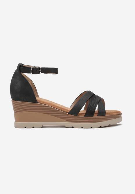 Czarne Błyszczące Sandały na Koturnie Stylizowanym na Drewniany Steccaria