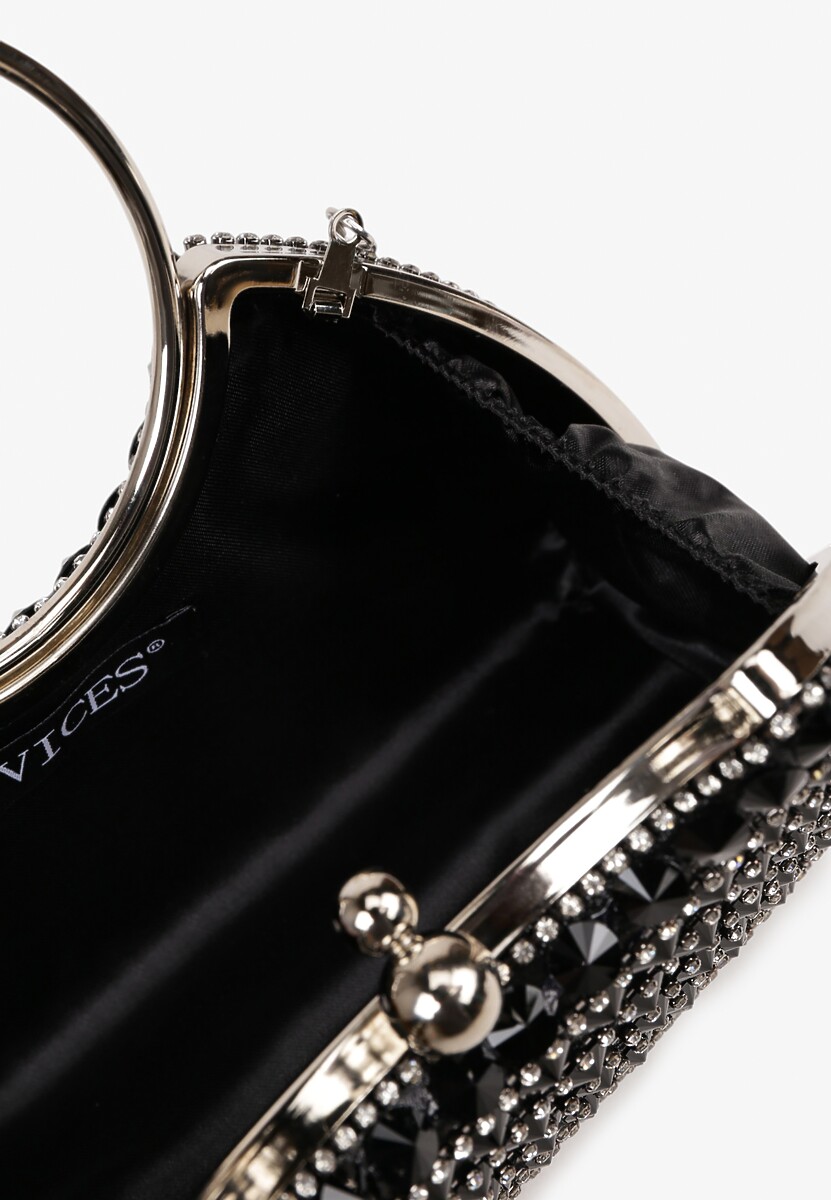 Czarna Torebka Koktajlowa do Ręki z Cyrkoniami i Okrągłym Uchwytem Siliannis