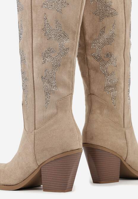 Ciemnobeżowe Kozaki Kowbojki na Stożkowym Obcasie z Aplikacją z Cyrkoniami Zevrine