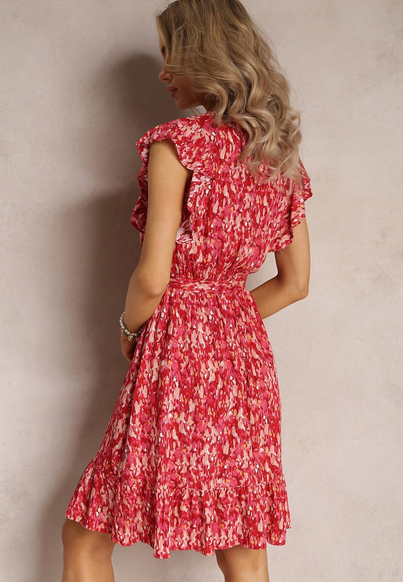Czerwona Rozkloszowana Midi Sukienka w Kwiaty z Wiskozy Ściągana w Talii Gumką Anicolas