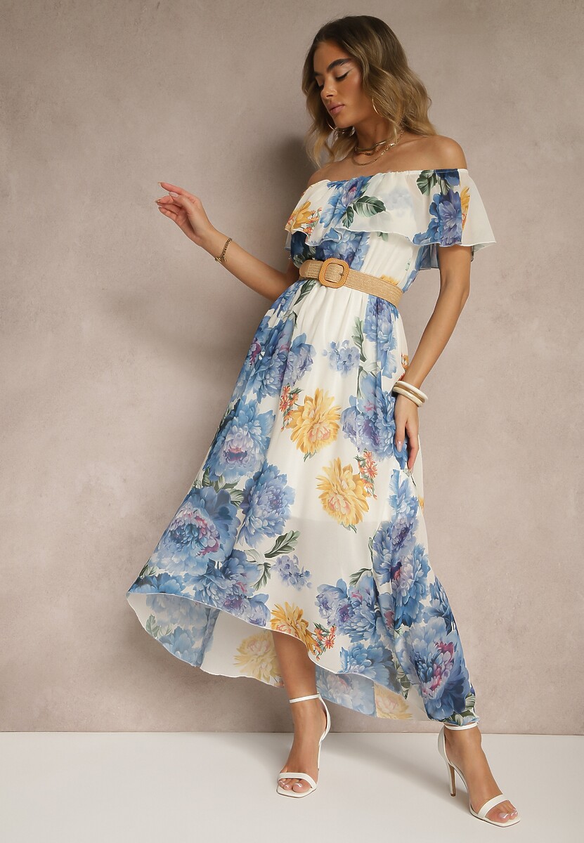 Niebieska Sukienka Hiszpanka z Kwiatowym Wzorem i Plecionym Paskiem Sadeene