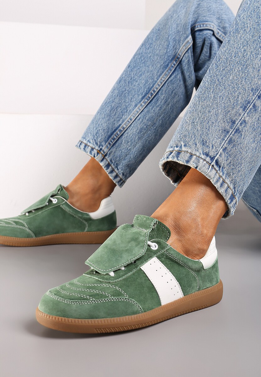 Biało-Zielone Sneakersy na Płaskiej Podeszwie ze Skóry Wykończone Zamszową Wstawką Milirae