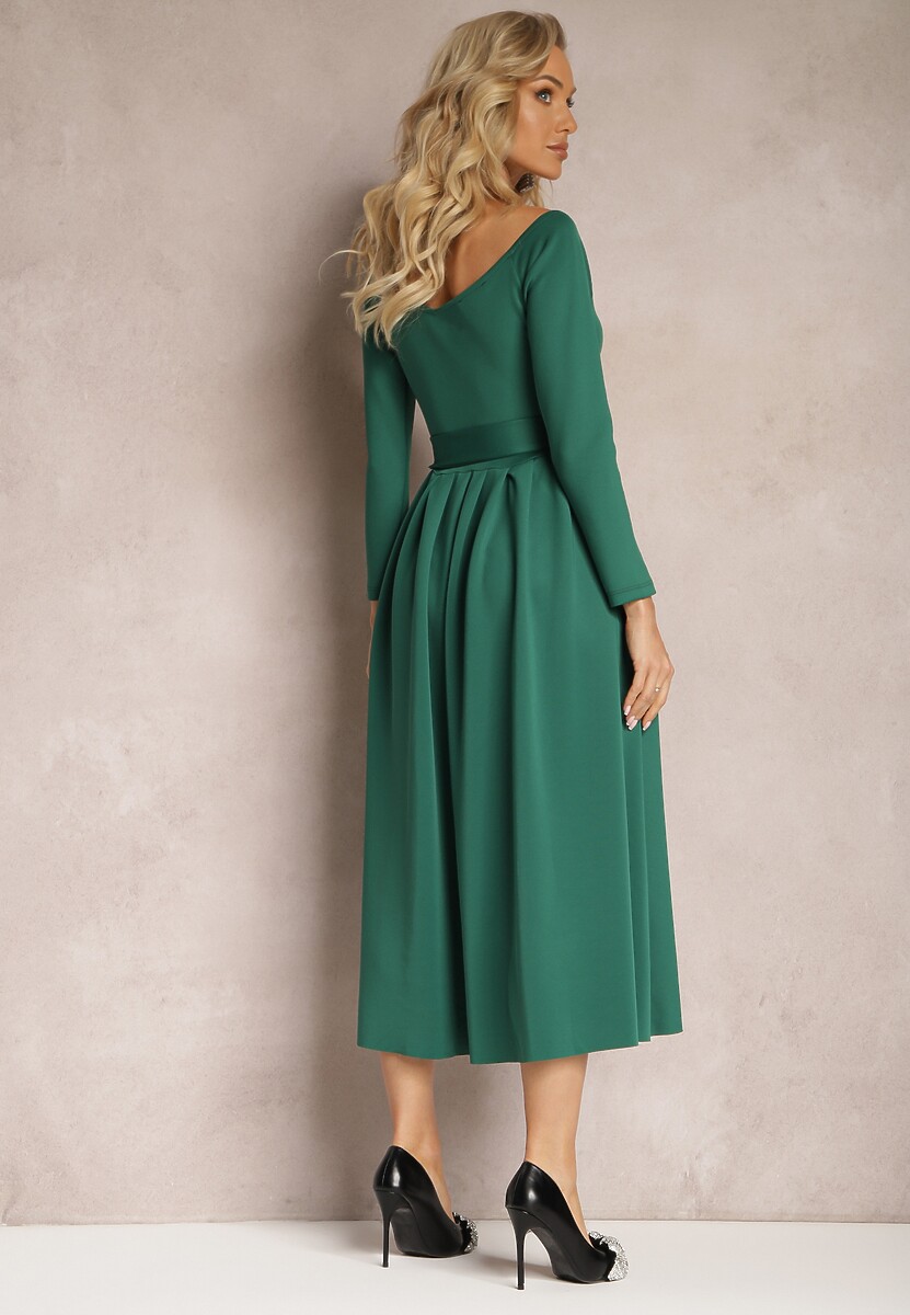 Zielona Sukienka Midi o Rozszerzanym Kroju z Paskiem w Talii i Dekoltem w Serek Vividia
