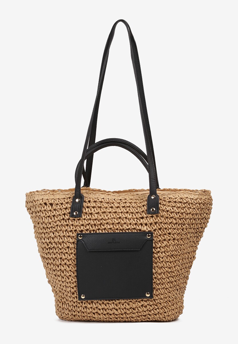 Beżowo-Czarna Torebka z Plecionki z Dodatkową Kieszonką z Ekoskóry Cosina