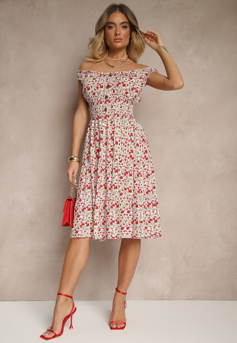 Biało-Różowa Bawełniana Sukienka z Guzikami o Rozkloszowanym Kroju w Kwiatowy Print Roniselle