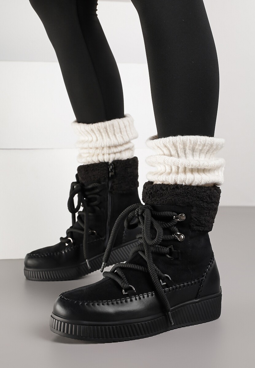 Czarne Śniegowce Zdobione Futrem i Przeszyciami Genilea