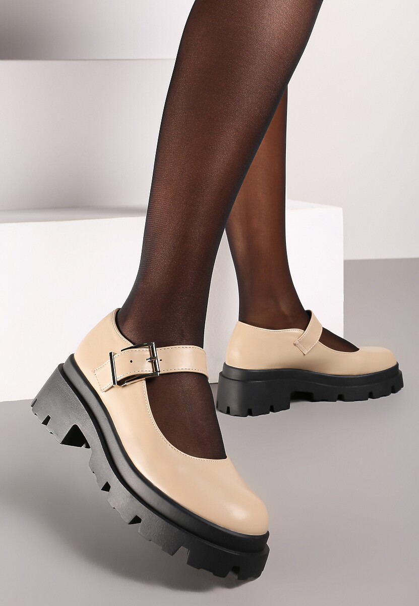 Brązowe Półbuty Mary Jane na Platformie Wykończone Paskiem ze Sprzączką Navshia