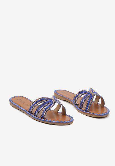 Niebieskie Klapki na Płaskiej Podeszwie ze Zdobieniami Vornia
