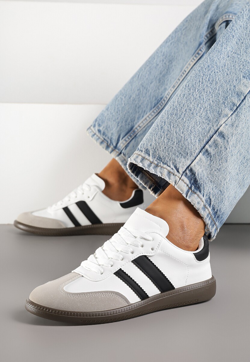 Białe Casualowe Sneakersy na Płaskiej Podeszwie z Paskami Jereria