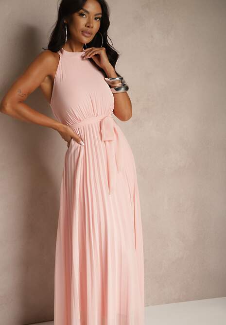 Różowa Sukienka Maxi bez Rękawów z Gumką w Talii z Plisowanej Tkaniny Pesstia