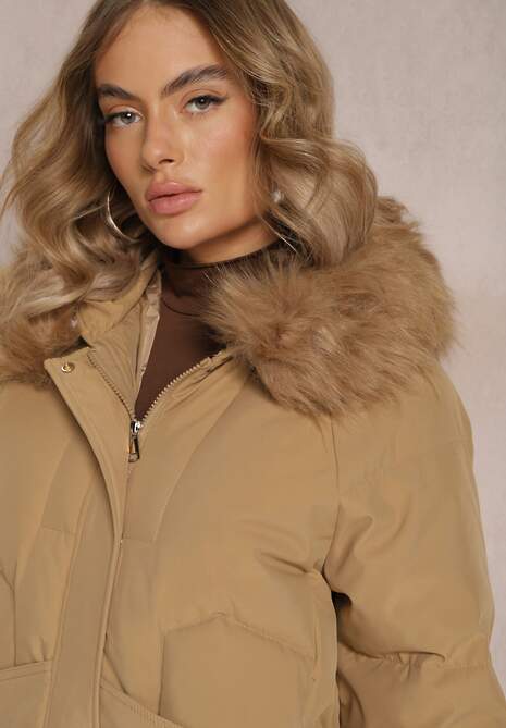 Beżowa Kurtka z Kapturem i Futerkiem Mastasa
