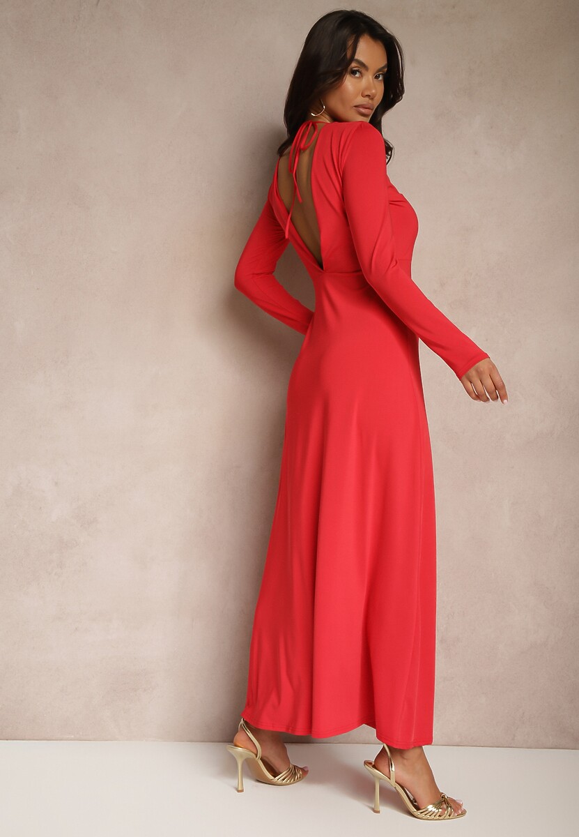 Czerwona Sukienka z Wiskozą o Rozkloszowanym Kroju z Wycięciem na Plecach Isollina