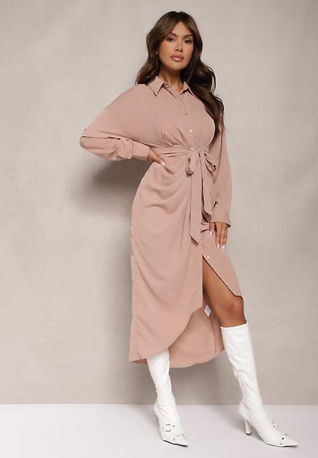 Ciemnobeżowa Sukienka Koszulowa z Wiązanym Paskiem i Marszczeniem Odele