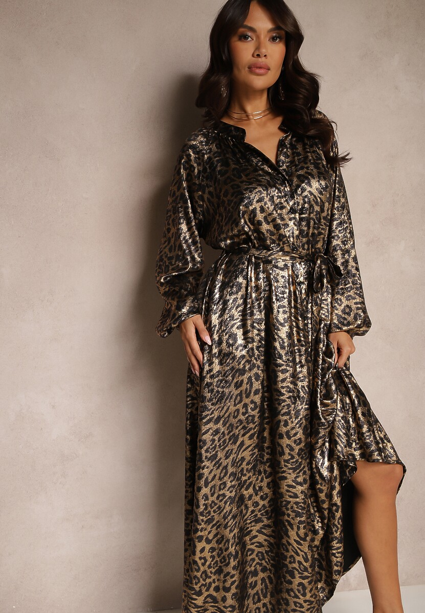 Czarno-Złota Połyskująca Sukienka w Panterkę Wiązana w Pasie Alissin