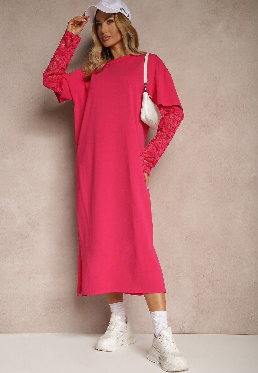 Fuksjowa Sukienka z Bawełny o Kroju Typu T-shirt z Koronką i Rozcięciami Tanisla