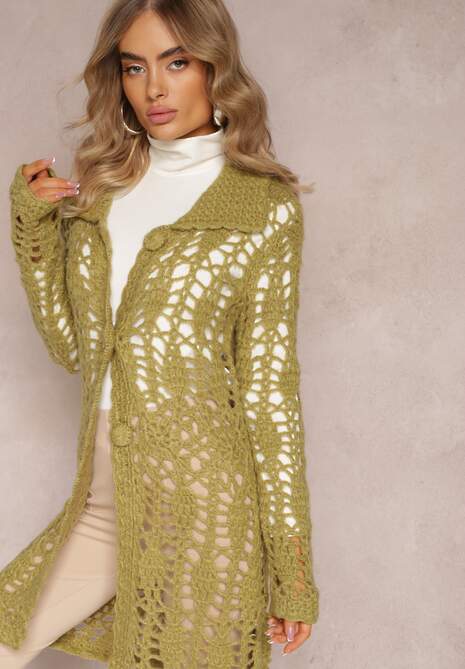 Zielony Luźny Kardigan Ażurowy na Guziki Sieneos