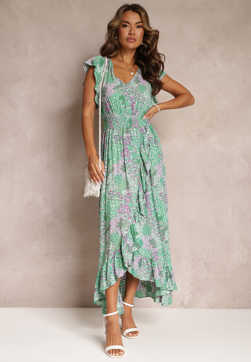 Zielona Sukienka z Falbankami Gumką w Talii z Wiskozy Leth