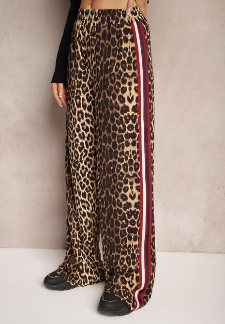 Brązowe Spodnie z Wiskozą High Waist o Szerokim Kroju z Lampasami Elosina