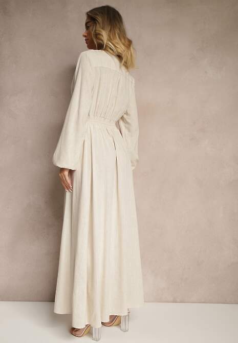 Jasnobeżowa Sukienka z Lnem i Wiskozą o Rozkloszowanym Kroju z Ozdobnymi Guzikami Maitena