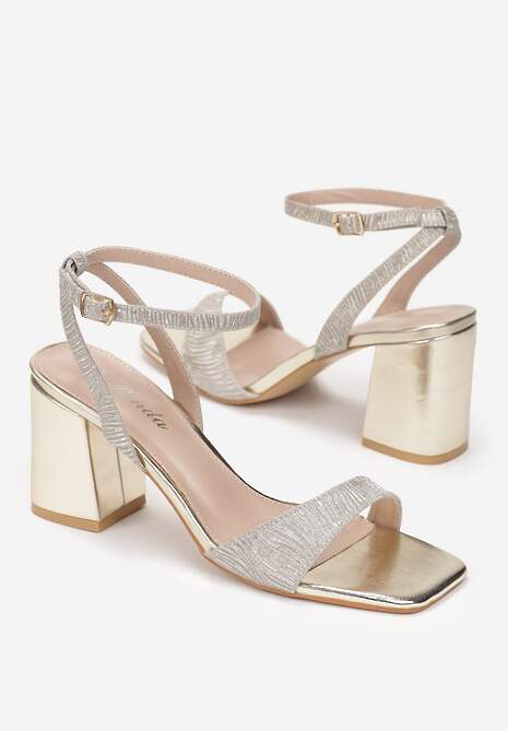 Złote Brokatowe Sandały na Słupku ze Sprzączką Jamela