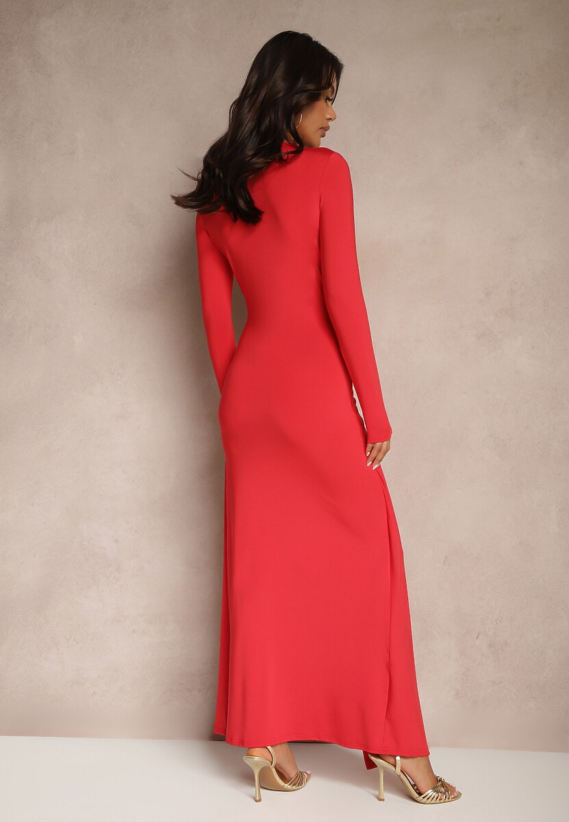 Czerwona Taliowana Sukienka z Dodatkiem Wiskozy Ozdobiona Marszczeniami Heriova