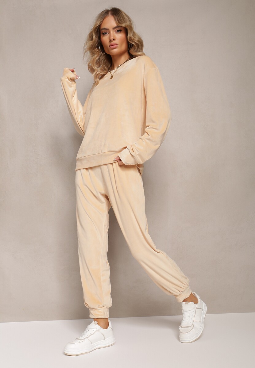 Beżowy Welurowy Komplet Dresowy z Bluzą i Spodniami Joggerami Mafira