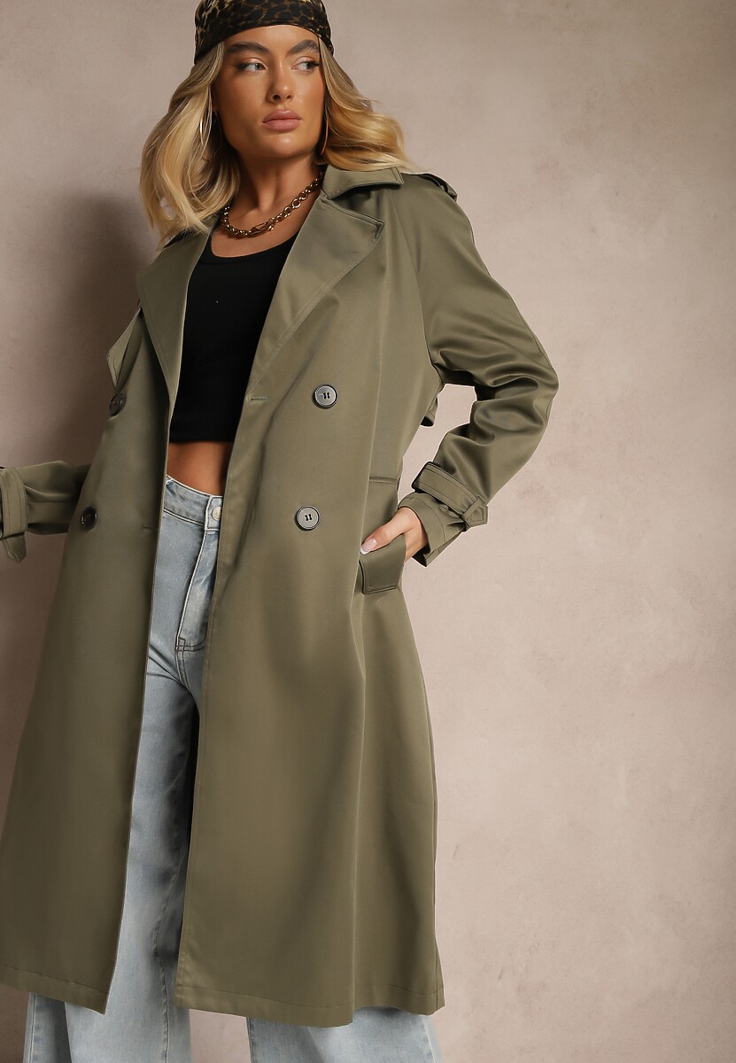Ciemnozielony Długi Płaszcz Trencz Dwurzędowy z Paskiem w Komplecie Sabila